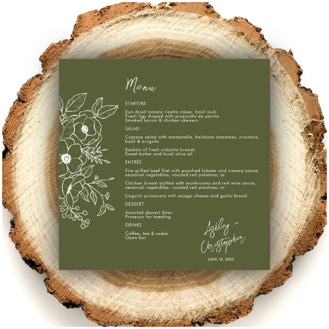 Menu Casamento Verde De Mão Botânica Floral Mínimo (Criador carregado)