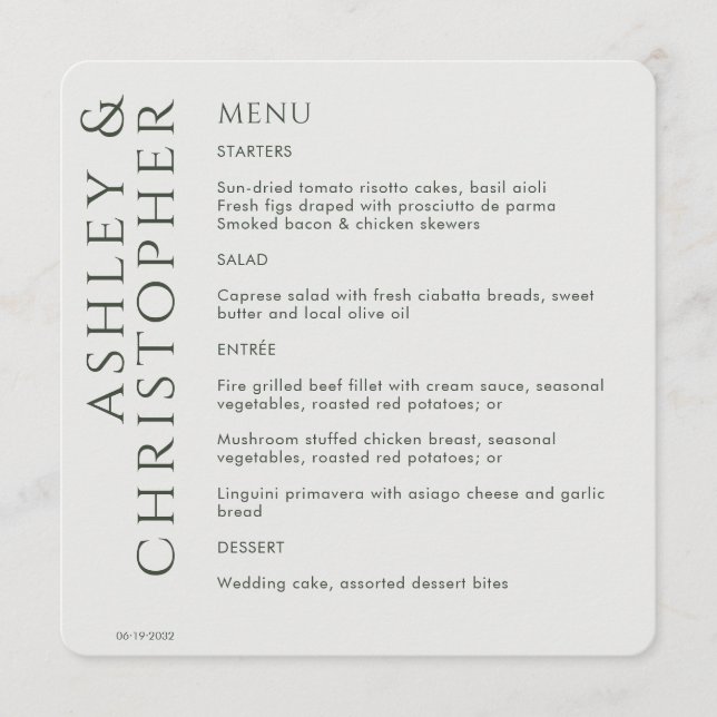 Menu Casamento Verde de Moisés Escuro Elegante (Frente)