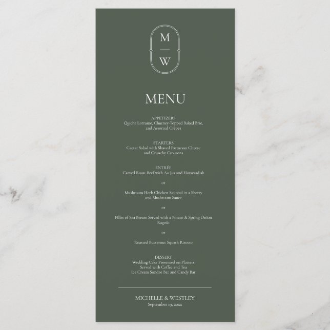 Menu Casamento Verde de Monograma Minimalista (Frente)
