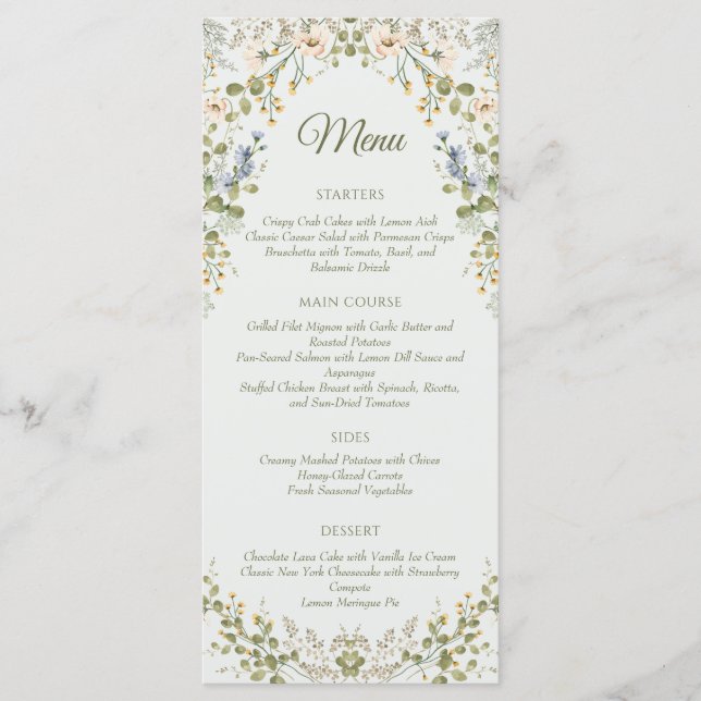Menu Casamento Verde de Pastel de Flor Selvagem (Frente)