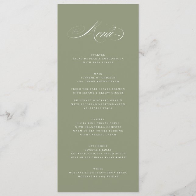 Menu Casamento Verde de Sage Elegante Premium (Frente)