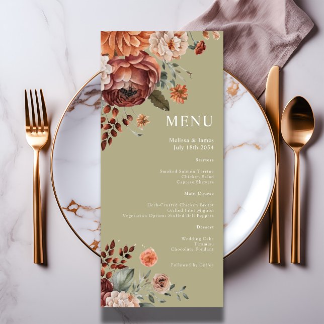 Menu Casamento Verde de Watercolor Floral Terracotta Sa (Watercolor Floral Terracotta Sage Green Wedding Menu

Other colors available)
