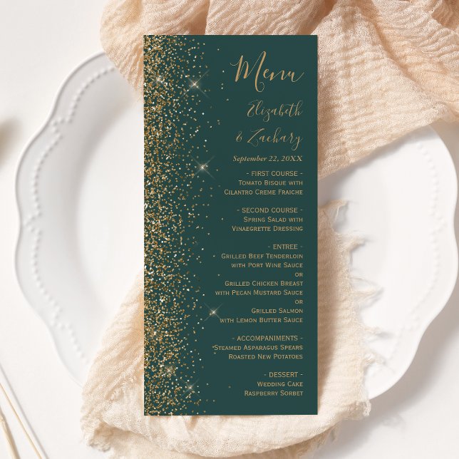 Menu Casamento Verde Escuro Brilho Dourado Moderno (Criador carregado)
