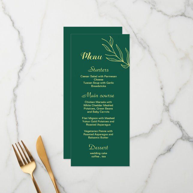 Menu Casamento verde-esmeralda de flor de ouro romântic (Frente/Verso In Situ)