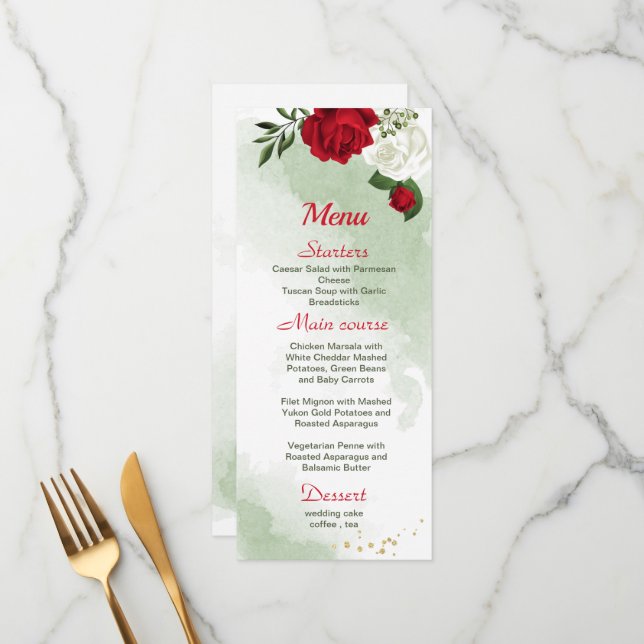 Menu casamento verde-flores brancas vermelhas (Frente/Verso In Situ)