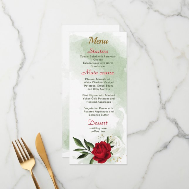 Menu casamento verde-flores brancas vermelhas (Frente/Verso In Situ)