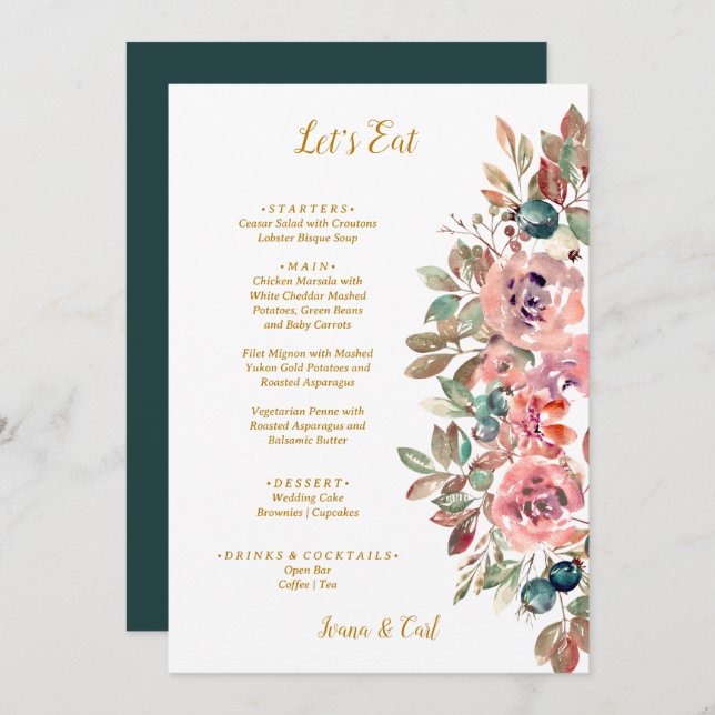 Menu Casamento Verde MARY Watercolor Rosa Emerald (Frente/Verso)