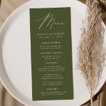 Menu Casamento Verde Oleícola Moderno Elegante<br><div class="desc">Menu de casamento simples e elegante com "Menu" exibido em um roteiro branco moderno com um fundo verde-oliva ou cor de sua escolha. Personalize o menu de casamento verde-oliva adicionando seus nomes, data de casamento e informações do menu. Projetado para coordenar com a nossa coleção de casamento do Modern Elegance....</div>