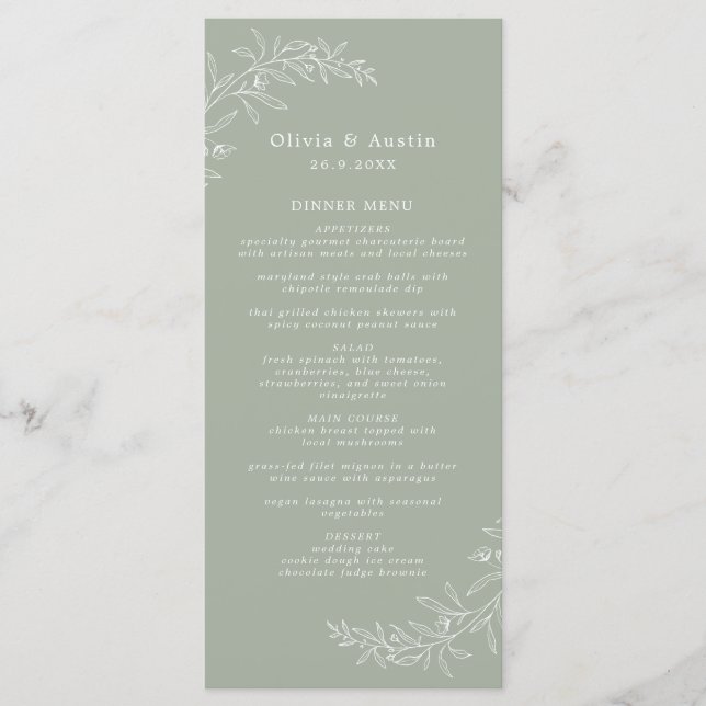 Menu Casamento Verde Sage Boho Minimalista Moderno (Frente)