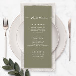 Menu Casamento Verde Verde Verde De Cor Sólida Elegante<br><div class="desc">Elegante Menu de Casamento Verde de Azeitona de Cor Sólida. Esta moderna placa de menus é simples clássica e elegante, com um fundo de cor sólida simples e uma bonito letra de escrita com alfaias. Mostrada na nova estrada. Com um monograma bonito no lado de trás. Disponível em várias opções...</div>