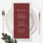 Menu Casamento Vermelho Cinamão de Vinho Verde Cor Sóli<br><div class="desc">Menu de Casamento Vermelho Cinamão de Vinho Verde Cor Sólido Elegante. Esta moderna placa de menus é simples clássica e elegante, com um fundo de cor sólida simples e uma bonito letra de escrita com alfaias. Mostrada na nova estrada. Com um monograma bonito no lado de trás. Disponível em várias...</div>