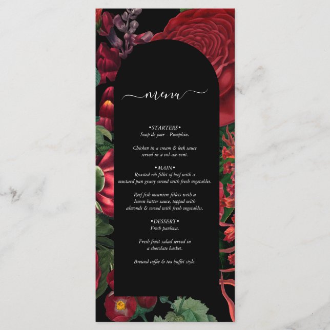 Menu Casamento Vermelho de Moody Florals Black Arch (Frente)