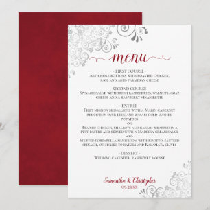 Menu Casamento Vermelho e Branco do Lace Silver Elegant
