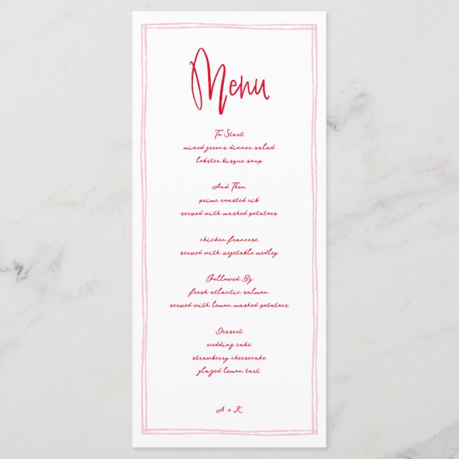 Menu Casamento Vermelho e Rosa Francês Escrito Manuscri (Frente)