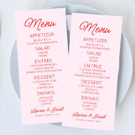 Menu Casamento Vermelho e Rosa Mínimo Moderno