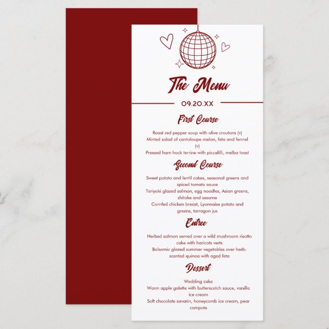 Menu Casamento Vermelho Retro Groovy Disco 70s (Frente/Verso)