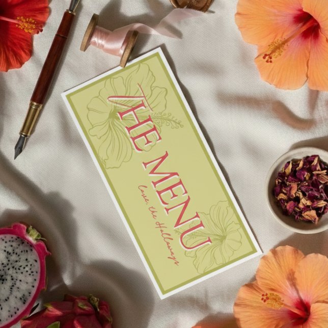 Menu Casamento Vibrante com Hibisco Tropical Chartreuse (Elevate your reception table with this Tropical Hibiscus Chartreuse Vibrant Wedding Menu!)