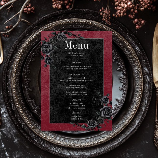 Menu Casamento Vinho Preto e Rosas Pretas Gótic Black R (Criador carregado)