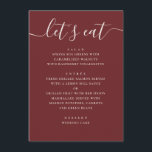 Menu Casamento Vinho Vermelho Escuro | Noite Romântica<br><div class="desc">Este cartão de menu de casamento apresenta um layout limpo e moderno com um cabeçalho em letra cursiva e pratos organizados de forma arrumada, tornando fácil para os convidados lerem rapidamente. Cada seção é claramente estruturada, mantendo o design minimalista, ao mesmo tempo em que destaca todo o menu de forma...</div>