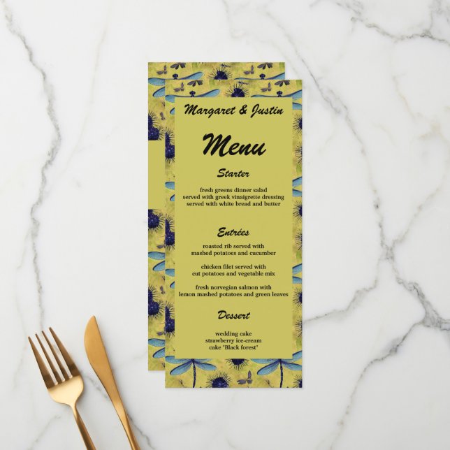 Menu Casamento vintage Dandelion e Dragonfly Themed (Frente/Verso In Situ)