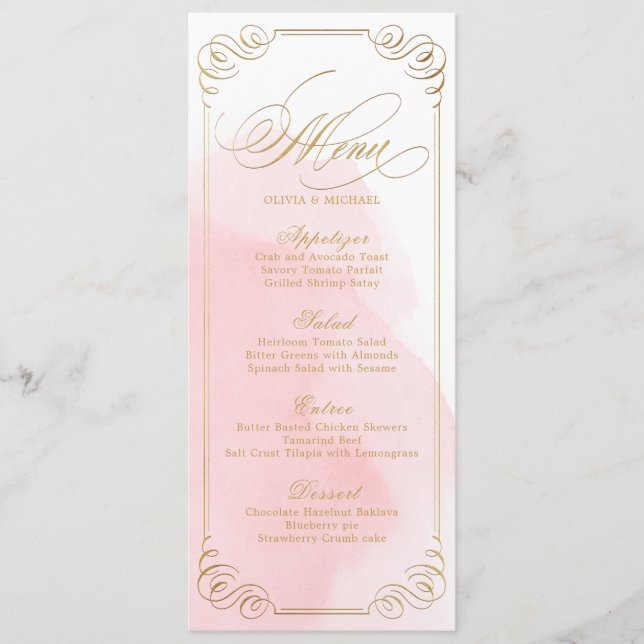 Menu casamento vintage de caligrafia dourada (Frente)