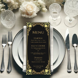 Menu Casamento vintage de folha de ouro preto Elegante