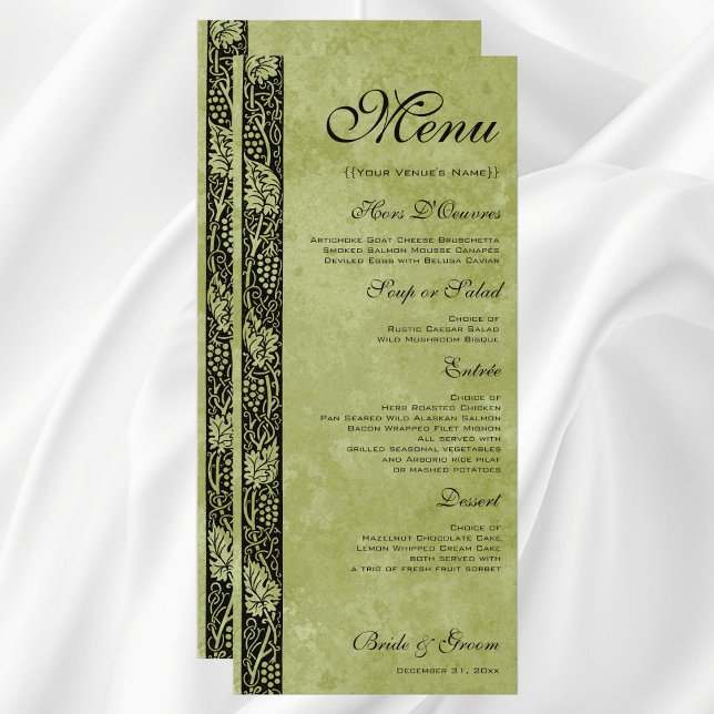 Menu Casamento Vintage, Folhas de Videira Vitorianas (Vintage Wedding, Antique Victorian Grape Vines Customizable Reception Menu)