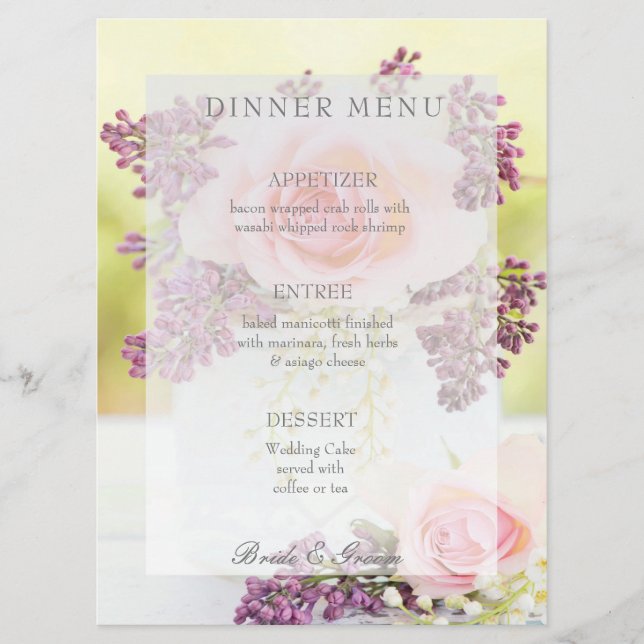 Menu Casamento vintage Lilases e Rosas (Frente)