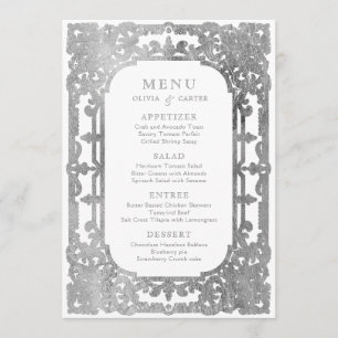 Menu Casamento vintage ornamentado romântico de prata