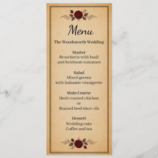 Menu Casamento Vintage Preto Rosa Vermelho Borgonha