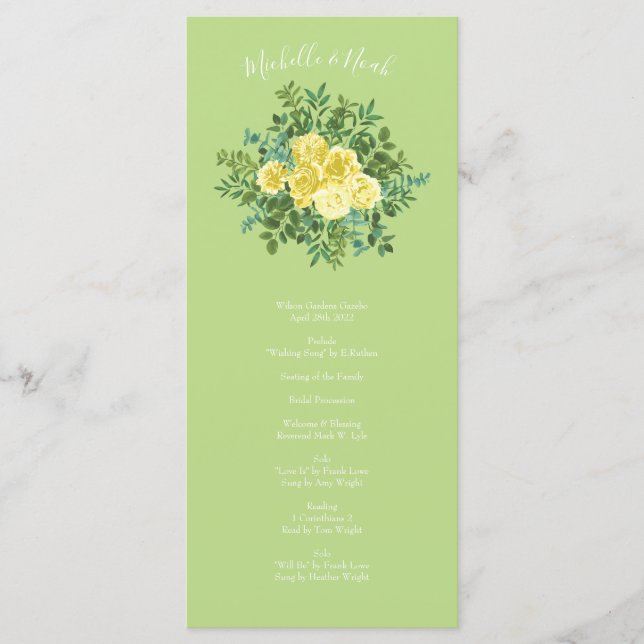 Menu Casamento vintage Primavera amarelo e verde (Frente)