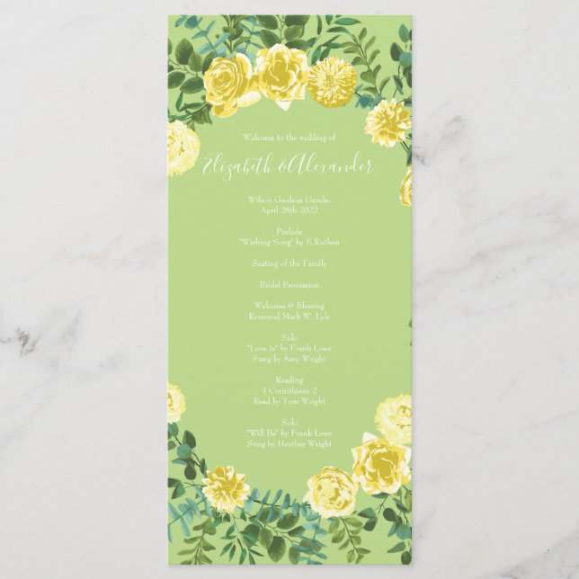 Menu Casamento vintage Primavera amarelo e verde (Frente)