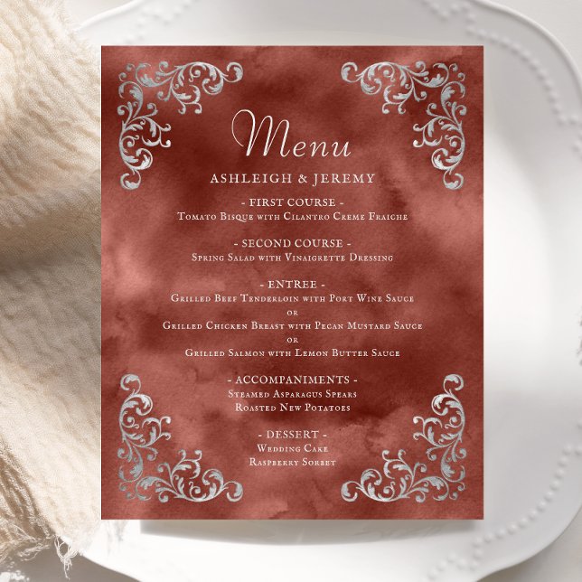 Menu Casamento vintage Rust Silver Cinnamon (Criador carregado)