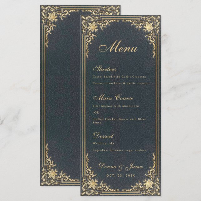 Menu casamento vintage - Script Elegante Dourado A (Frente/Verso)