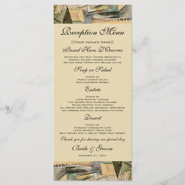 Menu Casamento Vintage, Tons Terrosos, Arte Cubista (Frente)