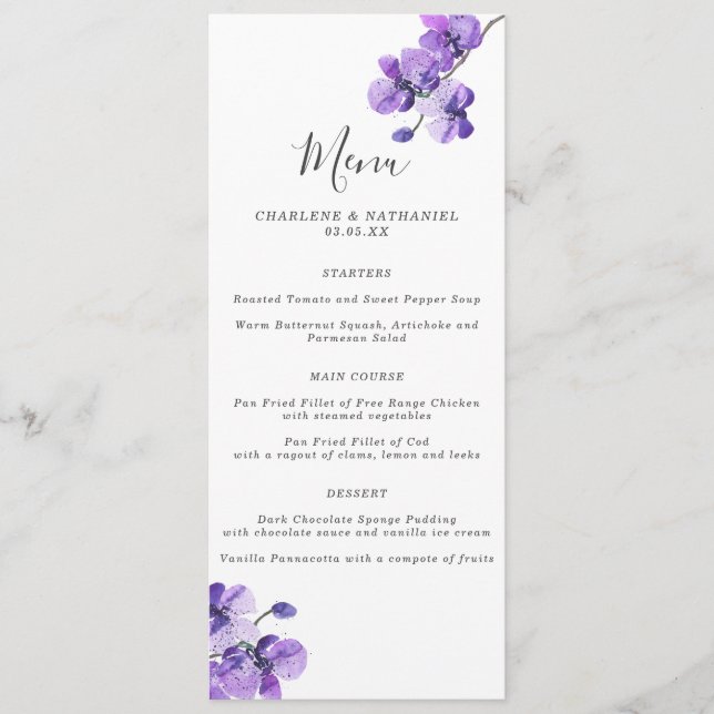 Menu Casamento Violet Watercolor Orchid (Frente)