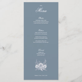 Menu Casamento vitoriano em azul com flores brancas