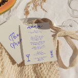 Menu Casamento Whimsical Azul Desenhado Na Mão Retroati<br><div class="desc">Um único menu de janto de casamento escrito desenhado pela mão azul-retrógrada. Que apresenta design de modelo chic de fundo de vintage creme boho e layout de texto escrito com a mão azul. Perfeito e compatível com toda a suíte. E óculos desenhados à mão.</div>