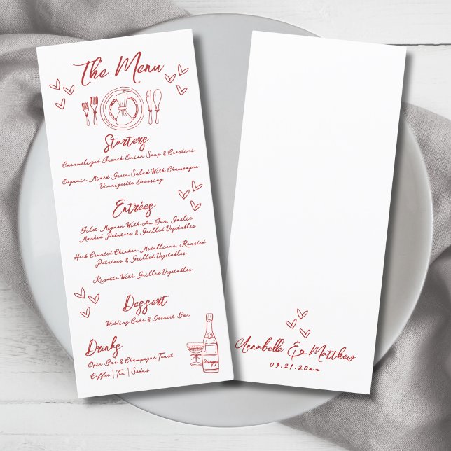 Menu Casamento Whimsical Vermelho Francês Desenhado À M (Hand Draw French Red Whimsical Wedding Menu)