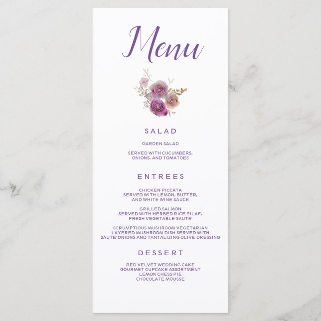 Menu Catering de Casamento Floral Roxo (Frente)