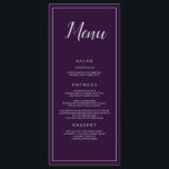 Menu Catering para Casamento de Púrpura e Prata<br><div class="desc">Um belo menu de recepção de casamento,  este item apresenta um fundo roxo com fonte prateada e borda. A palavra "Menu" está escrita no topo com uma bela fonte prateada. Todas as outras informações estão escritas em adorável impressão prateado. Personalize como quiser. Design do menu: WeddingsbyRhoadie</div>