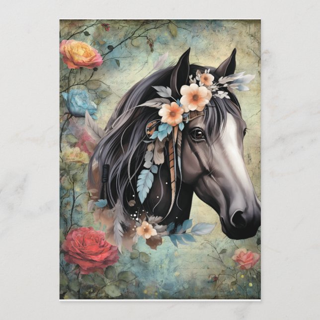 Menu Cavalo marrom entre flores. (Frente)