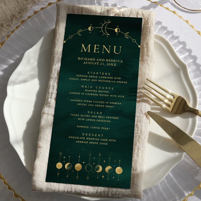 Menu Celestial Esmeralda Dourada Fase da Lua Casamento (Criador carregado)