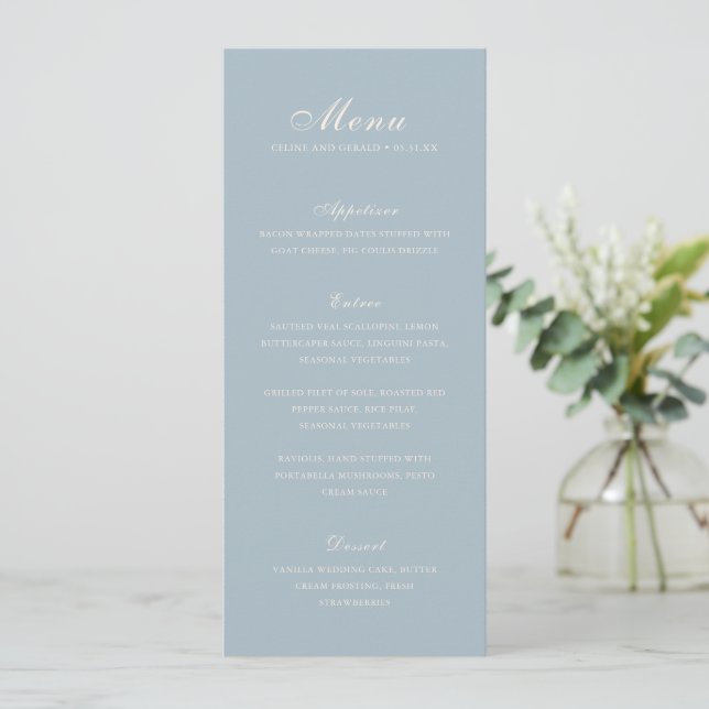 Menu Celine Muted Blue Elegant Weding (Em pé/Frente)