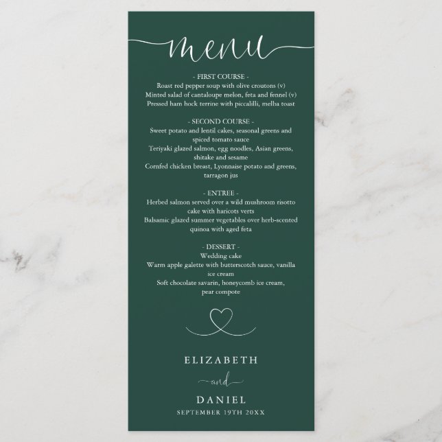Menu Cena de Casamento com Roteiro Coração Verde Esmera (Frente)