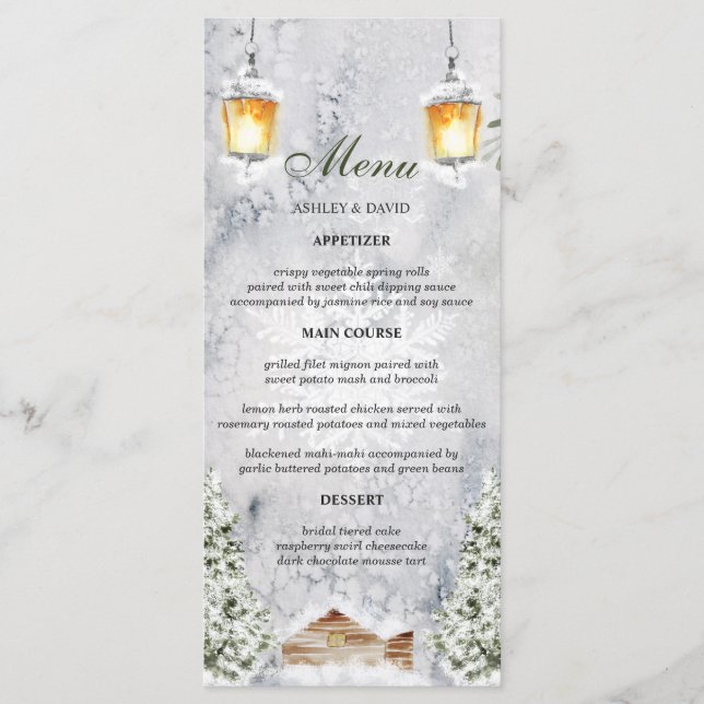 Menu Cena de Casamento Rústica de Cabana de Inverno (Frente)