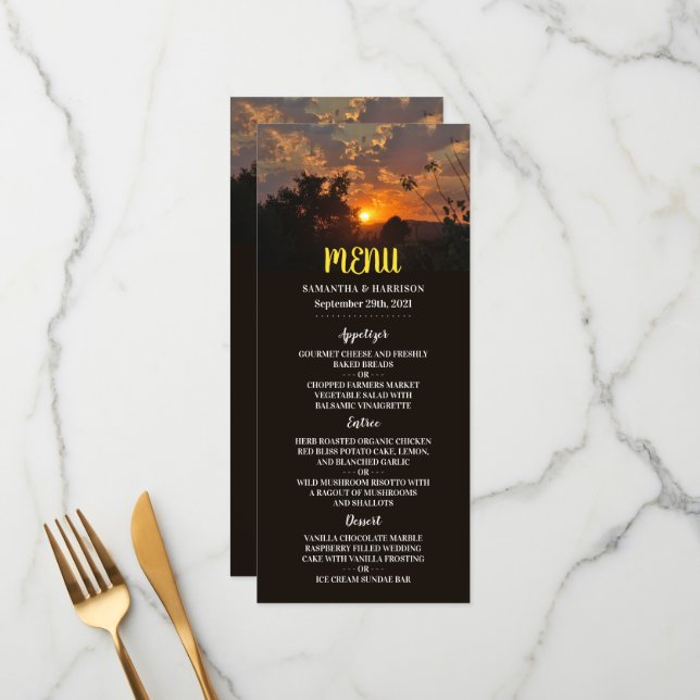 Menu Cena do Pôr do Sol Noturno, Casamento Rústico (Frente/Verso In Situ)