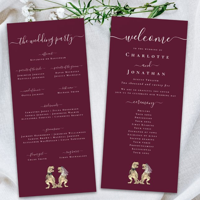 Menu Cerimônia de Casamento de Dinossauro Burgundy & Cr (Dinosaur theme wedding ceremony burgundy & cream program card Whimsical elegant modern script T-Rex )