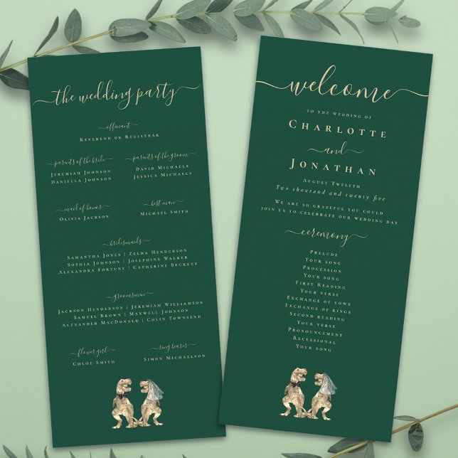 Menu Cerimônia de Casamento Temática de Dinossauros Pro (Dinosaur wedding menu card Funny T-Rex bride and groom elegant modern script dark green )