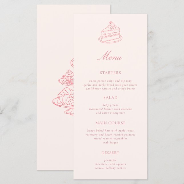 Menu Chá da Tarde Desenho à Mão Rosa Noivado (Frente/Verso)